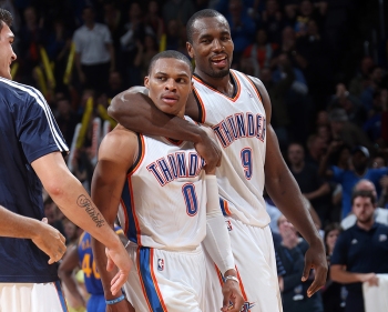 Serge Ibaka (seen here with Westbrook) posted 18 points and 13 rebounds of his own.