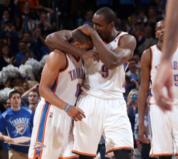 Ibaka displays an enthusiastic congratulations of his own for Westbrook.