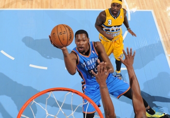 KD with the one-handed floater as a trailing Ty Lawson looks on. Lawson finished with a 17-point 13-assist double-double.