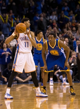 Jeremy Lamb looks for an outlet pass. Lamb put down 12 points from the Thunder bench.