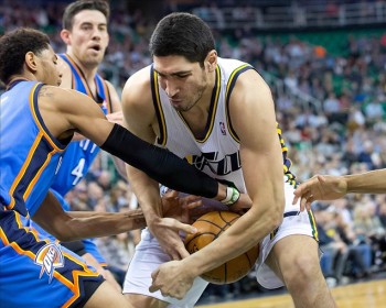 Eric Kanter protects the ball. Kanter posted 10 from the Jazz bench.