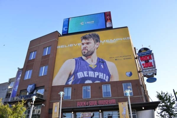 Marc Gasol's mug on the Grindhouse billboard. Gasol posted 23 points and 11 rebounds to no avail.
